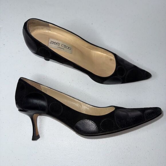 Jimmy Choo Women’s Leather Suede Pumps Black Geometric Circles Size 37.5 - Picture 1 of 11